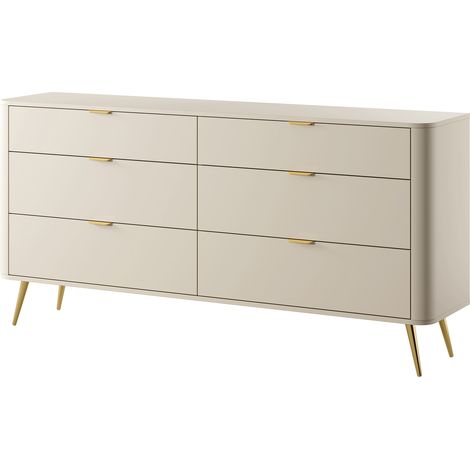 Selsey – Kommode Oval mit 6 Schubladen – Beige – 172 cm breit – Abgerundete Kanten – Goldene Metallfüße – Vielseitig einsetzbar (1/5)