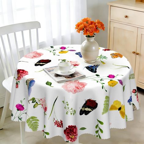 Runde Tischdecke 150 cm abwaschbar, floral mit Schmetterlingen, für Küche & Garten