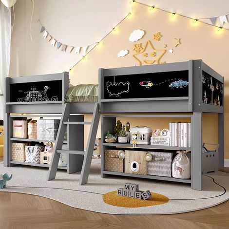 Lit mi-hauteur - 90x200 - Pin+MDF - Gris - Sans matelas (1/5)