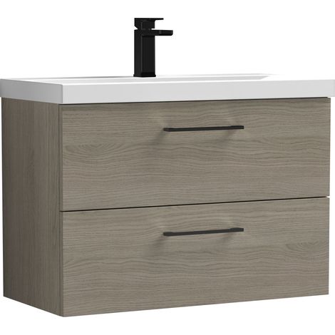 Balterley 800mm Wall Hung Bathroom 2 Drawer Vanity Unit and 1 Tap Hole Ceramic Basin, Woodgrain Mid Oak with Black Handles