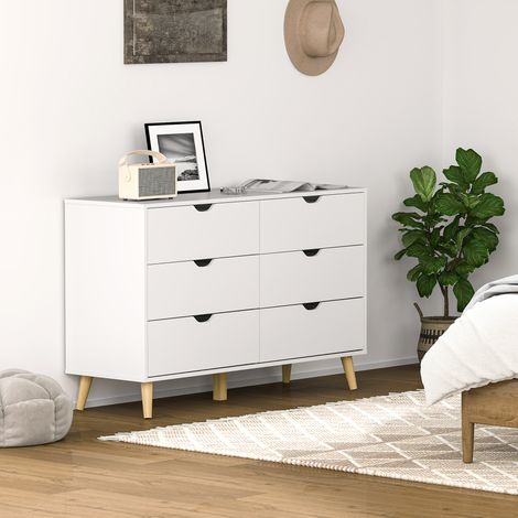 Blanc - Commode de chambre avec 6 tiroirs, poignées sculptées et pieds colonnaires, meuble en bois chambre et couloir, 120x40x76 cm