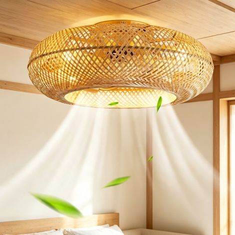 Ventilateur de plafondn rotin, ventilateur en bambou, type cage à oiseaux forme cage bohème avec lumière et télécommande 6 vitesses (1/5)