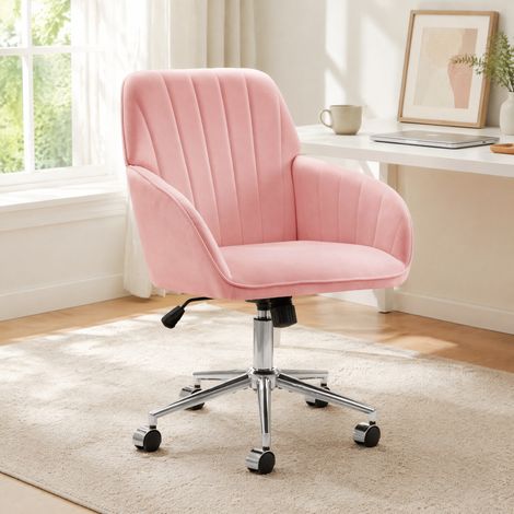 Silla de oficina giratoria regulable en altura 50–59 cm, 360° con ruedas, rosa, terciopelo HAVRYA (1/5)