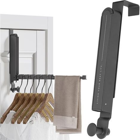 Porte-manteau de porte extensible pliable 34 cm - En métal - Pour 6 cintres - Pas de perçage nécessaire - Avec fente antidérapante pour moins de 4,4 cm - Pour sacs, vêtements et servi (1/4)