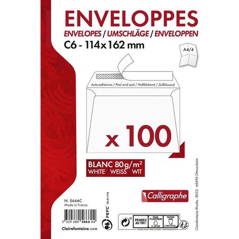 Paquet de 100 enveloppes - Blanches - C6 114x162mm - Auto-adhésive - Clairefontaine