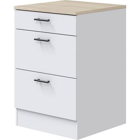 Dmora - Mobile 3 cassetti Sirea, Cassettiera da cucina, Modulo contenitore con cassetti, Base con cassetti estraibili, 60x60 h90 cm, Bianco e Rovere