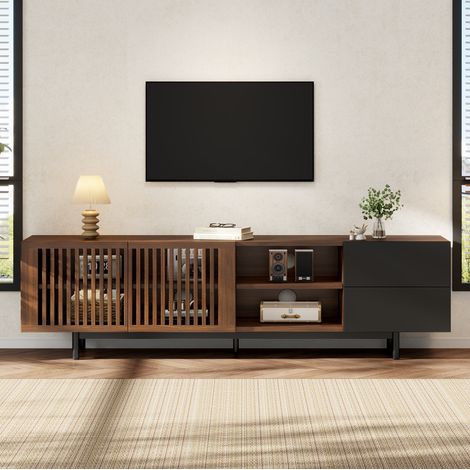 Mobile TV 160x38x50 cm, con ante a lamelle, cassetti e vani a giorno, MDF, nero e effetto legno naturale (1/5)