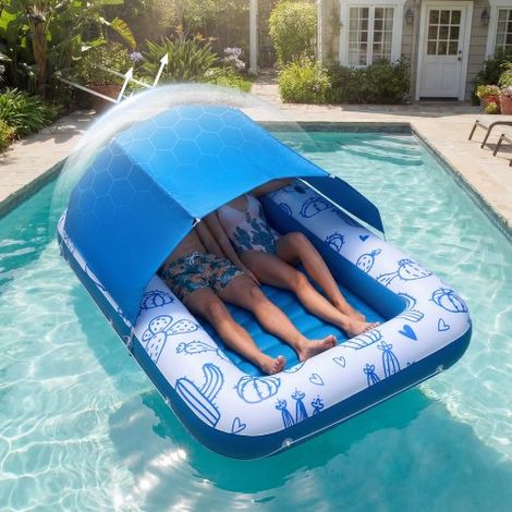 Aufblasbare Schwimmmatratze 208 x 140 cm, Luftmatratze Pool mit Abnehmbarem UPF 50+ Sonnendach, 250 kg Belastbare Badeinsel für 2 Personen, inkl. Kissen Handy- & Getränkehalter für Pool & Meer