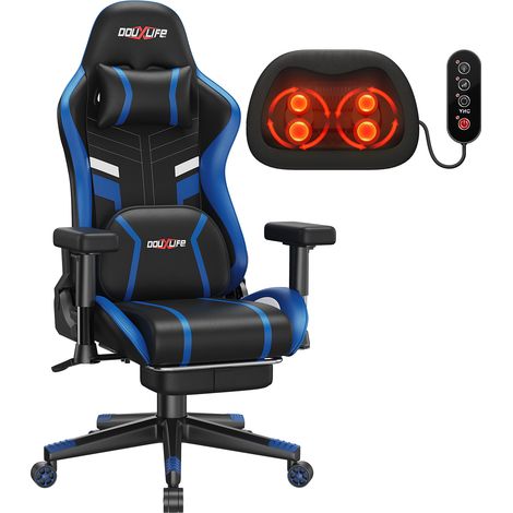 Gaming-Stuhl, ergonomisch Bürostuhl mit Knetmassage- und Heizfunktion, hoher Rückenlehne, Lendenwirbelstütze mit Fußstütze, gepolsterte 2D-Armlehnen verstellbar,-Schwarz+Blau