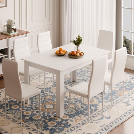 Mondeer – Ensemble table et chaises 6 chaises simili cuir – Table 138x90x75 cm en panneau de particules – Style moderne blanc – Chaise ergonomique confortable