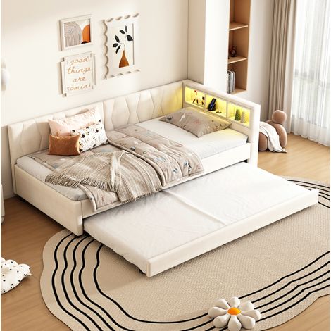 Lit adulte rangement 90x200 lin beige LED USB C maison HAVRYA (1/5)