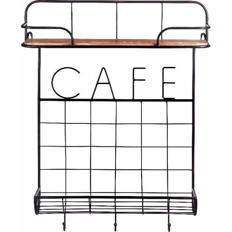 Mensola da parete cucina in ferro e legno 1 ripiani + 3 ganci 58 x 15 x 73 cm (1/2)