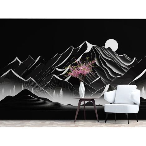 Papier Peint Noir et Blanc - Montagnes Brumeuses - 150 x 250 cm (1/2)