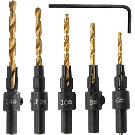 Forets à bois plaqués titane – set de 5 – tige 6,35mm, pour menuiserie, chanfreinage, capuchons coniques 6 à 14 (1/5)