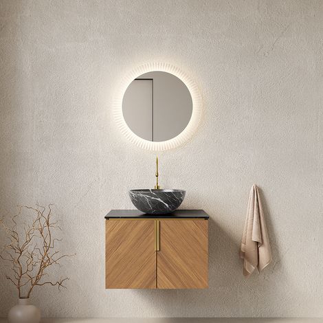 Meuble lavabo mural avec vasque céramique noire/meuble 2 portes contreplaqué - Grain bois espresso- 61cm (1/5)