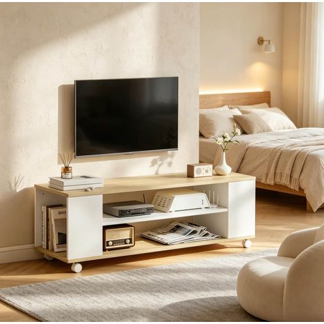 Mueble TV 120x40x38,5 cm de paneles de madera natural y blanco FLORAGRACE (1/5)
