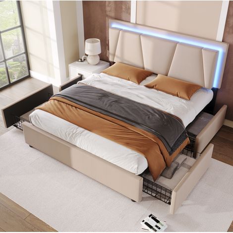 Polsterbett Holz Beige 140x200 cm mit LED-Beleuchtung, 4 Schubladen und höhenverstellbarem Kopfteil (1/5)