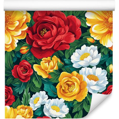 Carta da parati estetica con fiori rossi, oro e blu mare 50x1000 cm (1/5)