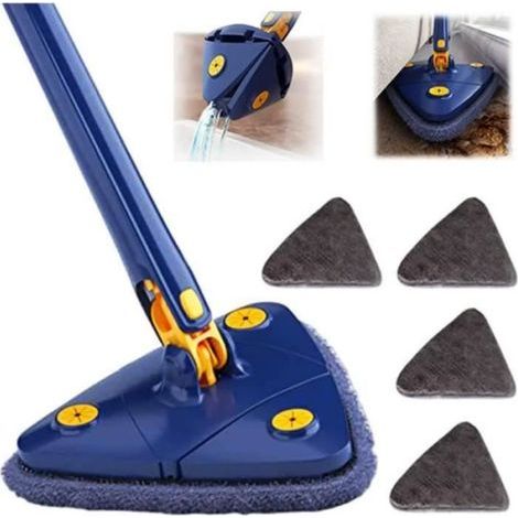 Serpillère Triangulaire - Mop Télescopique Rotatif 360° - Auto-Essorage Push-Pull - Pour Sol Mur Fenêtre Salle De Bain - 1 Pièce + 4 Chiffons (1/4)