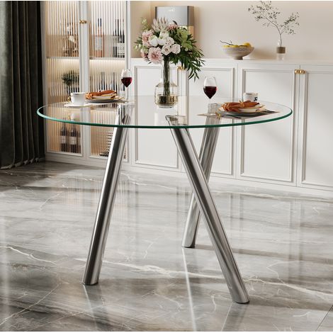 Mesa de comedor redonda de vidrio templado y metal plateado, Ø89 cm (1/5)