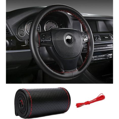 Schwarze Leder-Lenkradabdeckung, 38 cm, mit roter Naht. Universell für runde und D-förmige Lenkräder.
