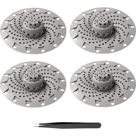 Lot de 4 Filtre Cheveux Douche en Silicone avec Pince à Épiler, Attrape Cheveux Baignoire Universel, Protection de Drain pour Évier Cuisine, Accessoire Salle de Bain pour Lavabo et Buanderie Gris (1/5)