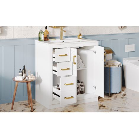 Meuble sous-vasque avec 3 tiroirs et tablette latérale, meuble de salle de bains à grand espace de rangement, charnières à fermeture douce et lavabo en céramique, 76.5×46.5×84.5cm, blanc (1/5)