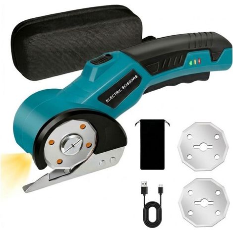 Ciseaux Électriques Sans Fil Rechargeables - Cutter Rotatif avec LED et Lames Incluses pour Tissu, Cuir et Carton - Bleu (1/5)