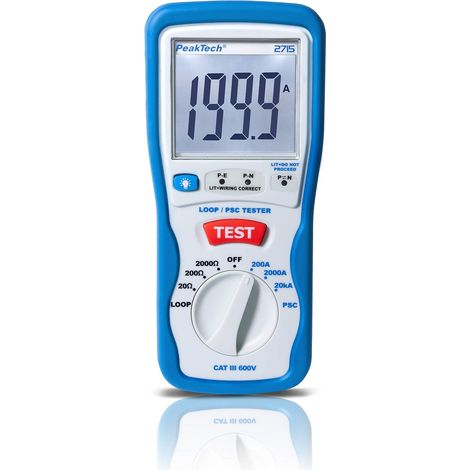 PeakTech P 2715 – Tester digitale PSC con display LCD con misurazione dell'impedenza, corrente di cortocircuito, fusibile di circuito con custodia isolata - CAT III 600 V (1/5)