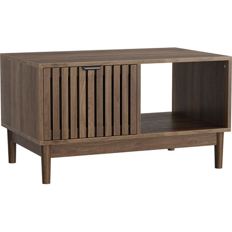 Table basse de 80 cm, style mid-century moderne, table centrale pour le salon, structure à grille avec un tiroir, des étagères ouvertes et des pieds en bois massif, couleur noyer. (1/5)