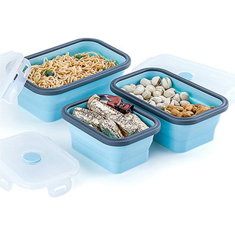 Juego de fiambreras plegables de silicona, recipientes rectangulares para alimentos, ideales para picnics y comidas al aire libre, aptas para microondas y congelador, 3 piezas, 350/500/800 ml. (1/4)
