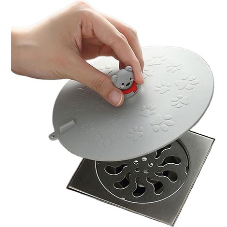Joli cache-bonde en silicone, rond, motif ours, en silicone, multifonctionnel, convient pour la salle de bain, la baignoire et la cuisine, 15 x 15 x 2,5 cm, gris (1/5)