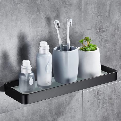 No Drill Shower Shelf Bathroom Wall Shelf Caddy with Storage Organizer Rustproof No Damage Tempered Glass Aluminium Space for Kitchen Accessories 30cm Black. (1/5)