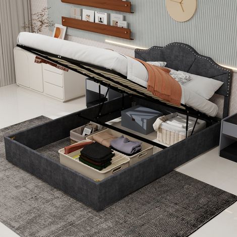 REDOM Lit coffre 160x200 cm Tête rembourrée sommier à lattes tissu et métal rangement pneumatique gris (Sans matelas)