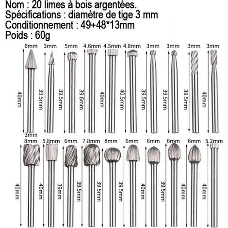 Jeu de 20 limes rotatives HSS en carbure – Tiges de 1/8' (3 mm) – Pour sculpture, gravure, perçage, polissage des métaux (1/4)