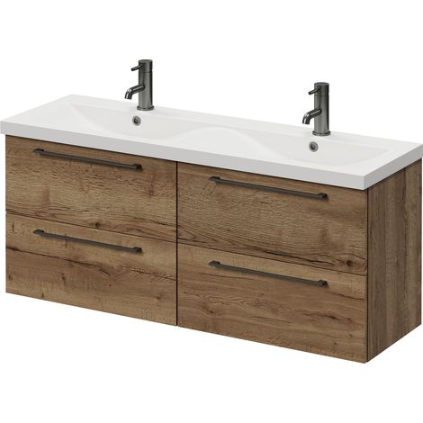 Napoli 390 Tobacco Oak 1200mm Wall Mounted 4 Drawer Vanity Unit with Double Glide Basins - 1200mm - Gunmetal Grey 320mm Handle