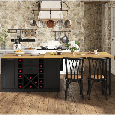 Îlot de cuisine pivotant 360° avec rangement 120-223 cm, porte-bouteilles amovible, MDF métal noir (1/5)