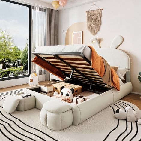 Cadre de lit beige en velours 238 x 154 x 135 cm (1/5)