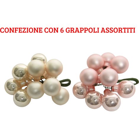 6 GRAPPOLI DI PALLINE 10 PZ DA 2CM AVORIO/ROSA ASSORTITI ADDOBBI ALBERO NATALE