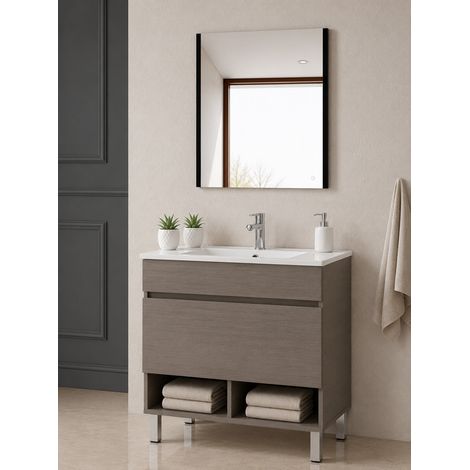 Bathroom cabinet with legs and ultra-slim basin ORIGENBATH NEBARI with legs and drawer without mirror 50x40 cm smoked oak (1/5)