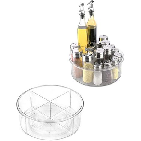 Plateau Rangement Rotatif, Présentoir Epice, Lazy Susan Base Pivoter 360°, Porte Tournant Transparent, Lazy Susan Base Pivoter 360°, avec Diviseurs Détachables,transparent, deux pièces