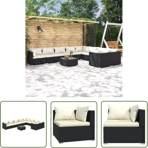 The Living Store 10-tlg. Garten-Lounge-Set mit Kissen Poly Rattan Schwarz - Gartenzubehör - Loungemöbel - Gartenloungeset - Rattan Möbel - Outdoor Möbel