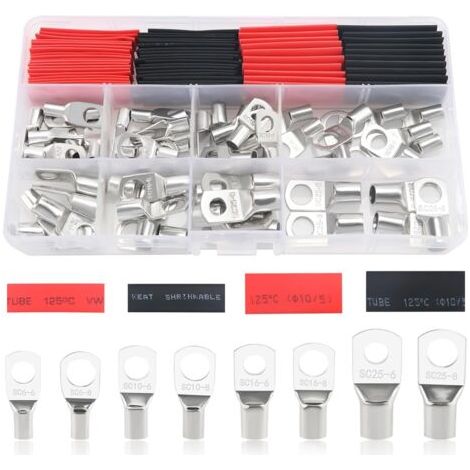 FENOPLASTICA120 Pièces M6/M8 Cosses Tubulaires Kit, Cosses de Embouts de Câble de Batterie, pour Câble Électrique, avec Gaines Thermorétractables, Argent (1/5)