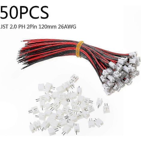 50 jeux de connecteurs Mini Micro JST 2.0 PH à 2 broches avec câbles de 120 mm de calibre 26 AWG (1/5)