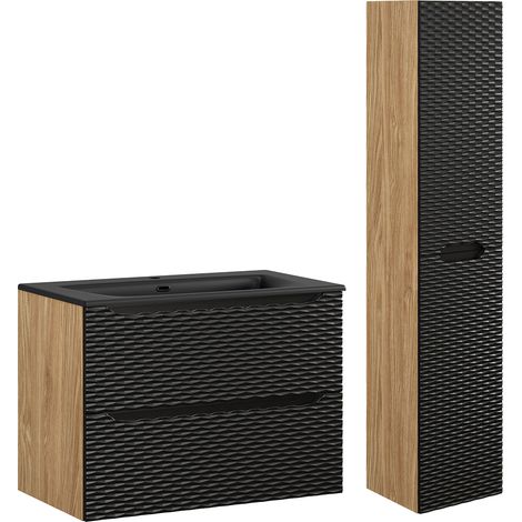 Waschtisch und Hängesäule 80cm Elora mit 2 Schubladen, Schwarz und Holzoptik