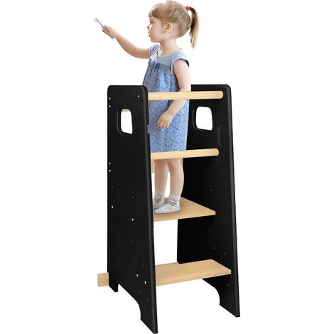 Hofuton Tour d'observation et d'apprentissage en Bois Naturel Montessori - 3 Niveaux Réglables - Pieds Anti Bascule et Antidérapants - Double Barres de Sécurité - Noir (1/5)