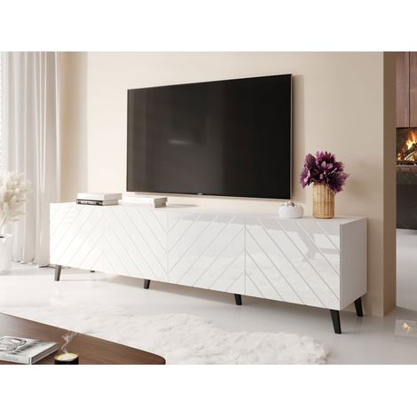 Bestmobilier – Meuble TV contemporain 200 cm – 4 portes avec 8 étagères – Panneaux de particules laqués blancs – Résistant à l'humidité et aux rayures