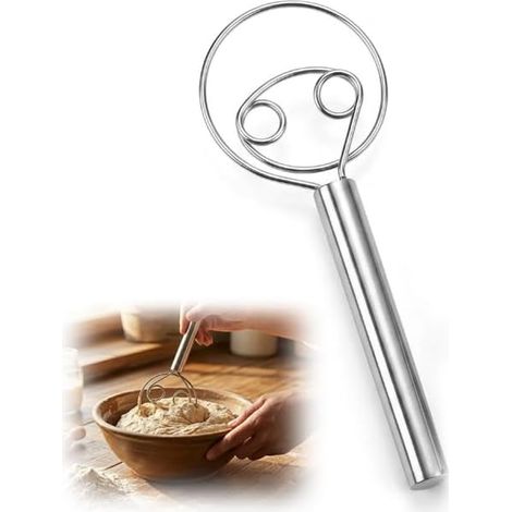 Fouet Acier Inoxydable Fouet À Pâte Batteur Manuel, Pétrin Mélangeur de Pâte Double Spirale avec poignée en bois, Mixeur Plat Pour Pain Pâtisserie Pizza, Ustensile De Cuisine (1/4)