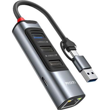 Adaptateur multiport USB-C - - Charge rapide PD100W - RJ45 - 3 ports USB - Alliage d'aluminium - Gris (1/5)