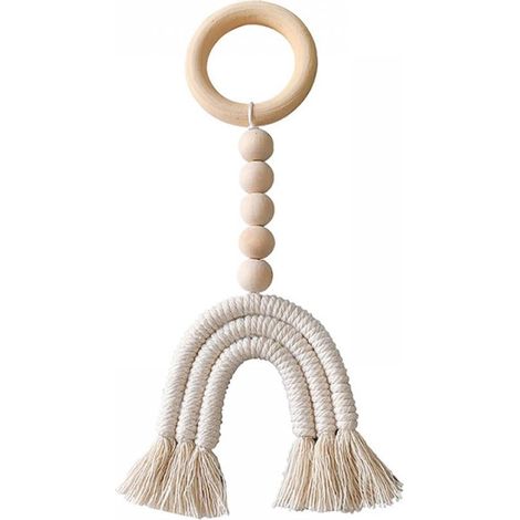 Guirlande En Perles Bois - Décoration Murale Rustique Naturelle Avec Pompons - Pour Chambre Bébé Salon Couloir - 1 Pièce (1/5)